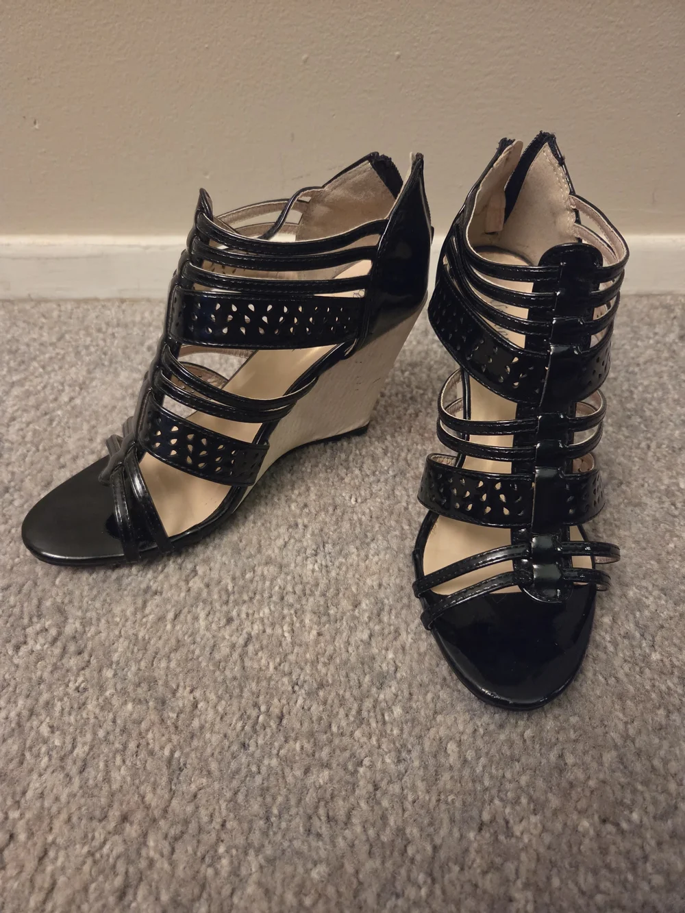 Women's Black Strappy Patent Wedge Sandals